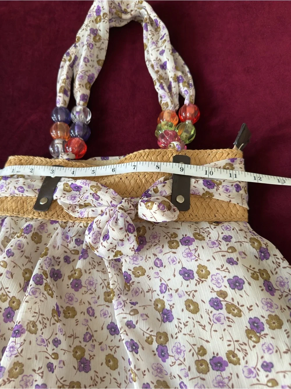 Floral Bubble Tote Bag with Beaded Handles - Cream and Lavender
